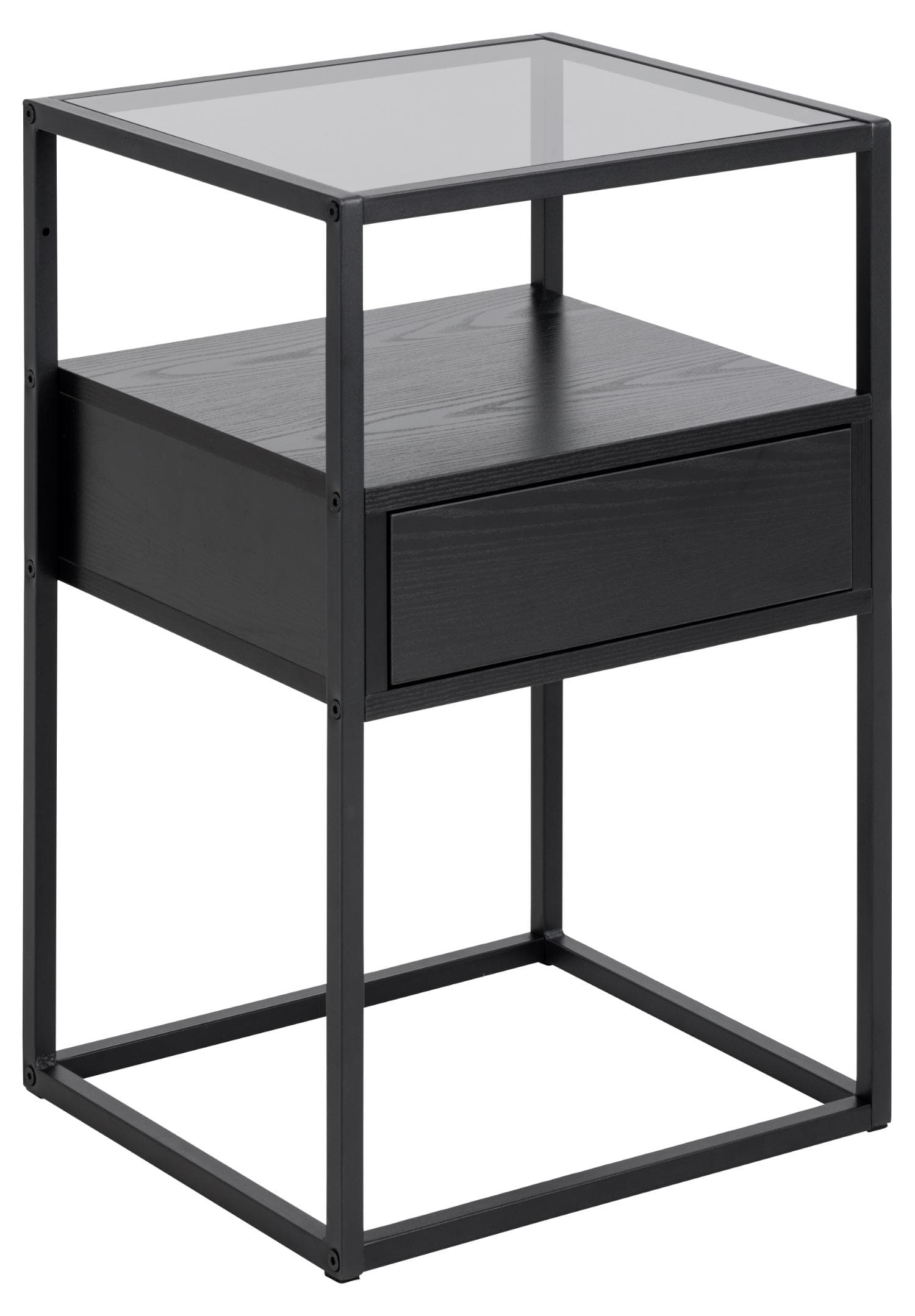 ACT NORDIC Randolf sängbord, m. 1 hylla och 1 låda - rökt glas, svart askmelamin, svart stål (40x35)