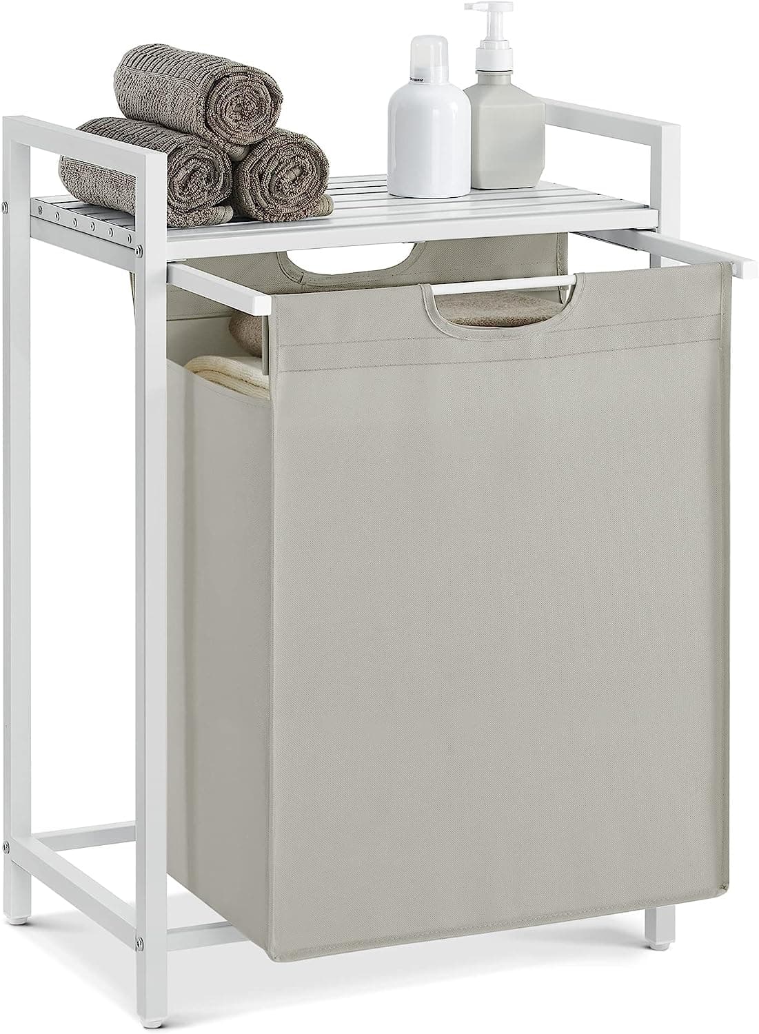 VASAGLE Tvättkorg, Tvättkorg, Utdragbar och löstagbar tvättpåse, Hylla, Metallram, 65L, 50 x 33 x 72 cm, Vit BLH101W01