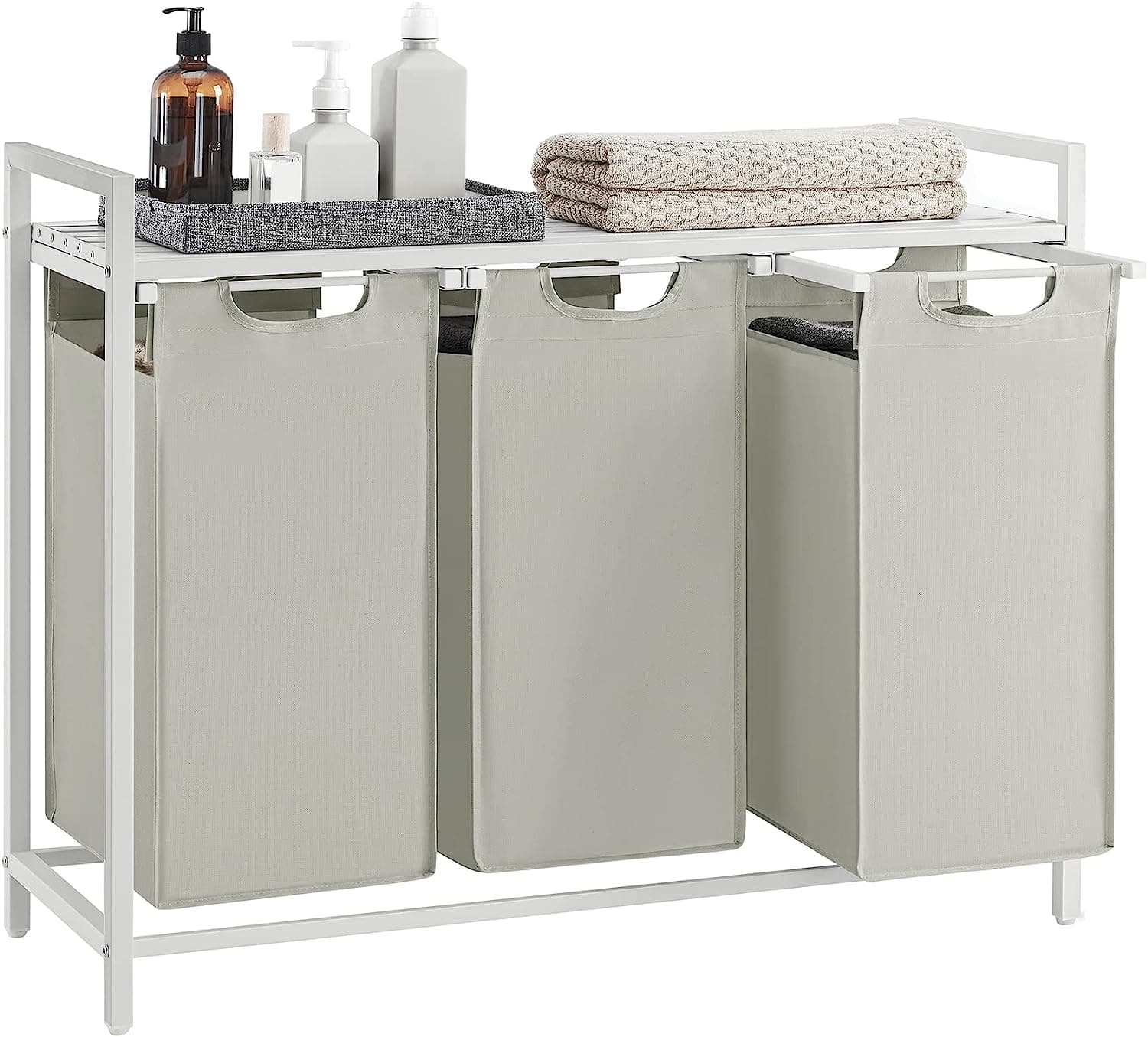 VASAGLE tvättkorg, tvättkorg med 3 fack, utdragbara och löstagbara tvättpåsar, tvättsortering, hylla, metallram, 3 x 38L, 92,5 x 33 x 72 cm, vit BLH301W01