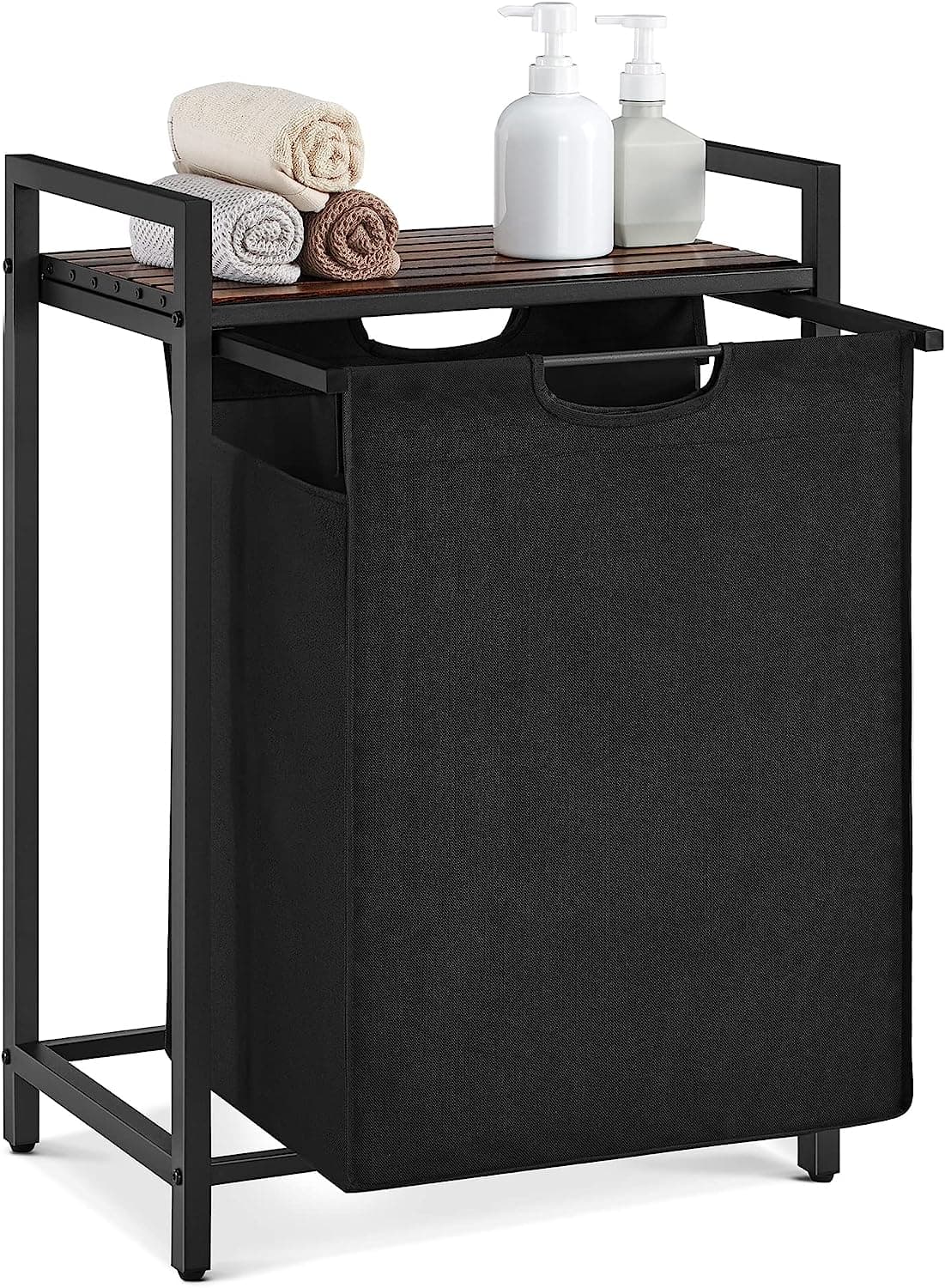 VASAGLE Tvättkorg, Tvättkorg, Utdragbar och löstagbar tvättpåse, Hylla, Metallram, 65L, 50 x 33 x 72 cm, Rustikbrun och svart BLH101B01