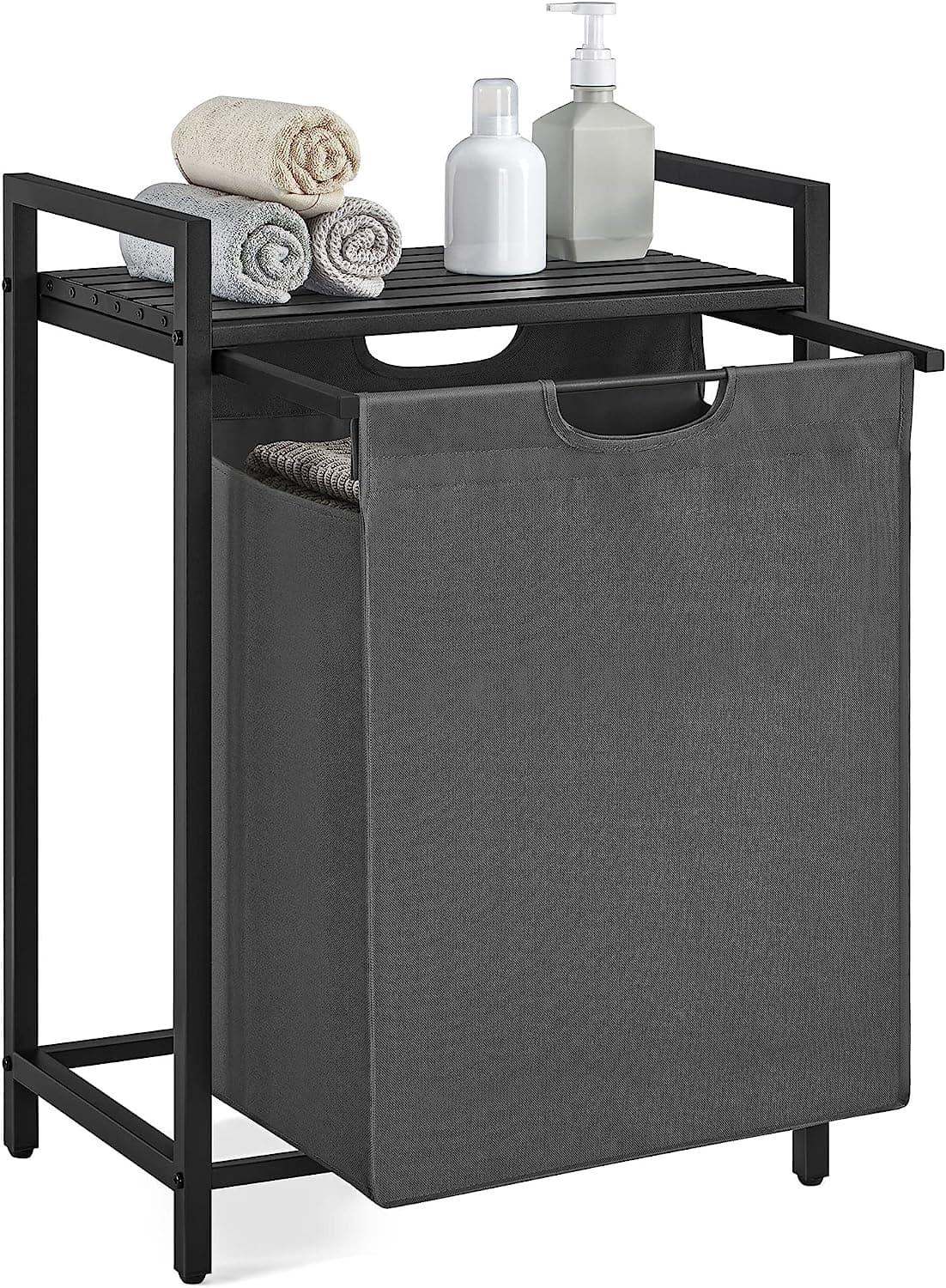 VASAGLE Tvättkorg, Tvättkorg, Utdragbar och löstagbar tvättpåse, Hylla, Metallram, 65L, 50 x 33 x 72 cm, Svart och Grå BLH101G01
