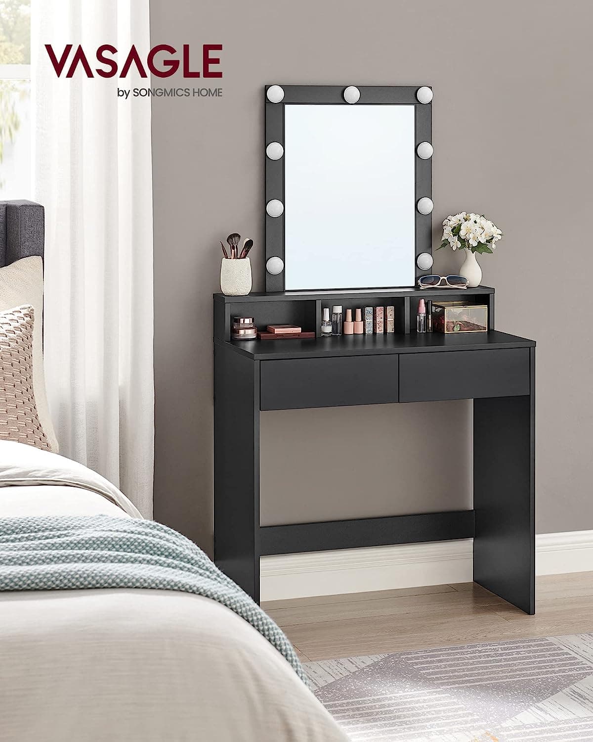 VASAGLE Sminkbord, LED-lampa med justerbar ljusstyrka, sminkbord med spegel, 2 lådor och 3 fack, modernt, svart RDT114T16