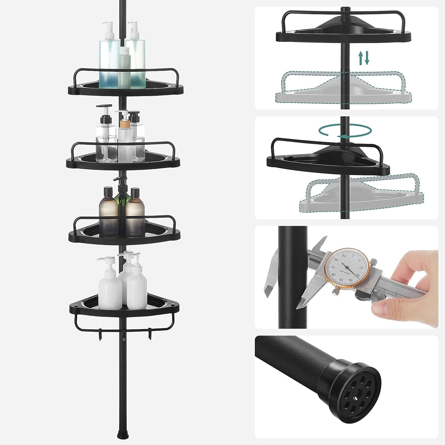 SONGMICS Justerbar hörnhylla för badrummet, teleskopisk duschkabin, 85-305 cm, golv till tak, med 4 brickor, 3 krokar, svart BCB001B01