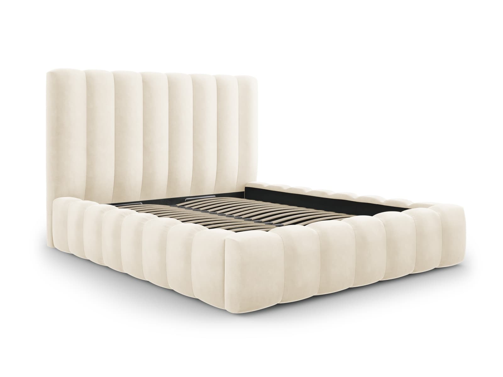 MICADONI Kelp sängram, med sänggavel och lameller - beige sammet och svart plast (200x200)