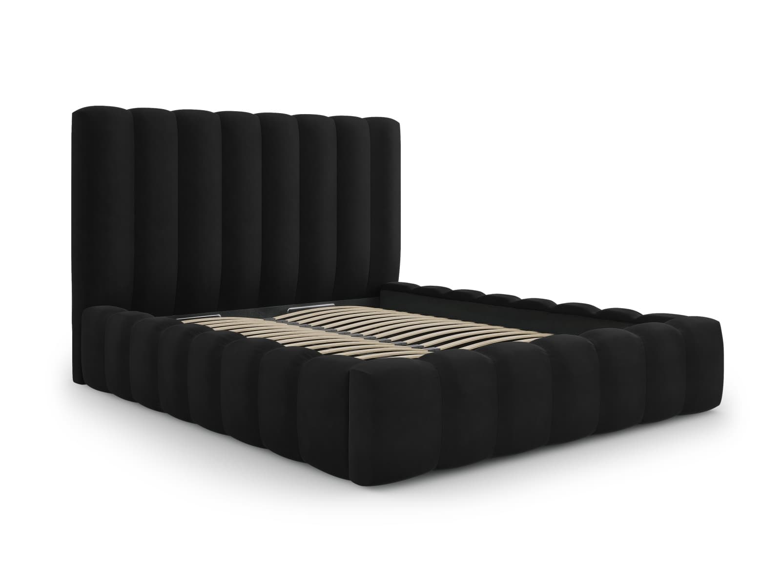 MICADONI Kelp sängram, med sänggavel och lameller - svart sammet och svart plast (200x200)