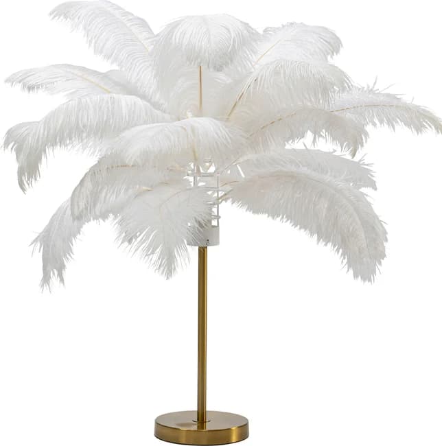 KARE DESIGN Feather Palm bordslampa - vit strutsfjäder och mässingsstål