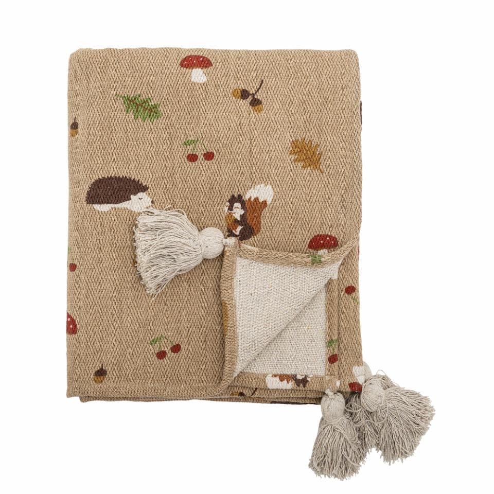 BLOOMINGVILLE MINI Höstpläd för barn, rektangulär - brun återvunnen bomull med tryck (160x130)