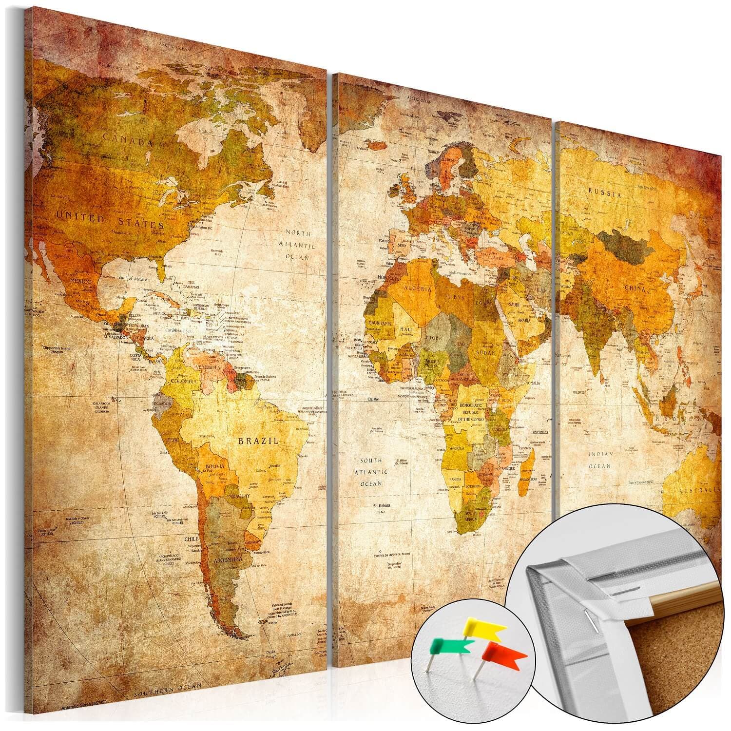 ARTGEIST Antique Travel världskarta bild - ljusbrun och grå/svart tryck på kork, 3-delad (40x60)