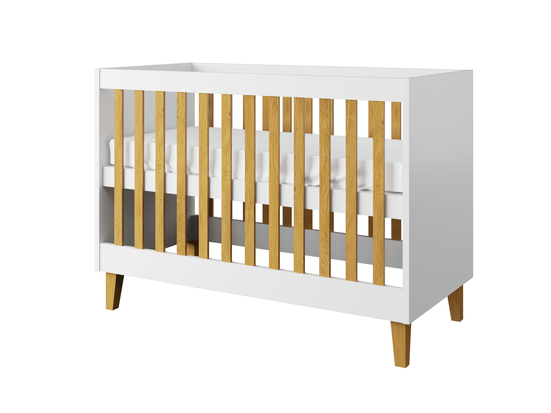 Kubi spjälsäng för baby, utan madrass - vit laminat och naturfärgad ek (120x60)