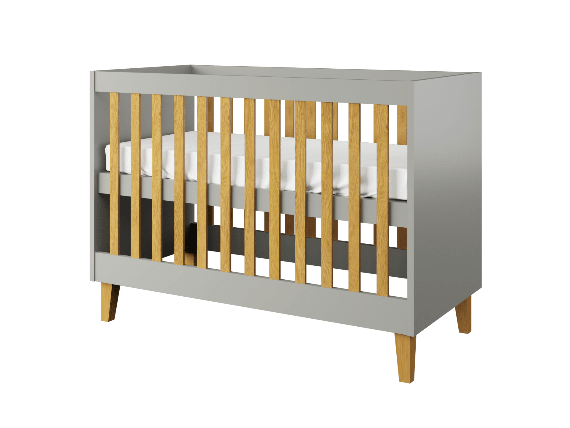 Kubi spjälsäng för baby, utan madrass - grå laminat och naturfärgad ek (120x60)