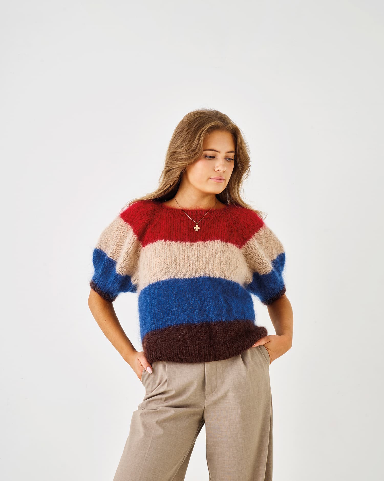 Bella stickmönster Raglan blus med korta puffärmar & ränder 893285 St M