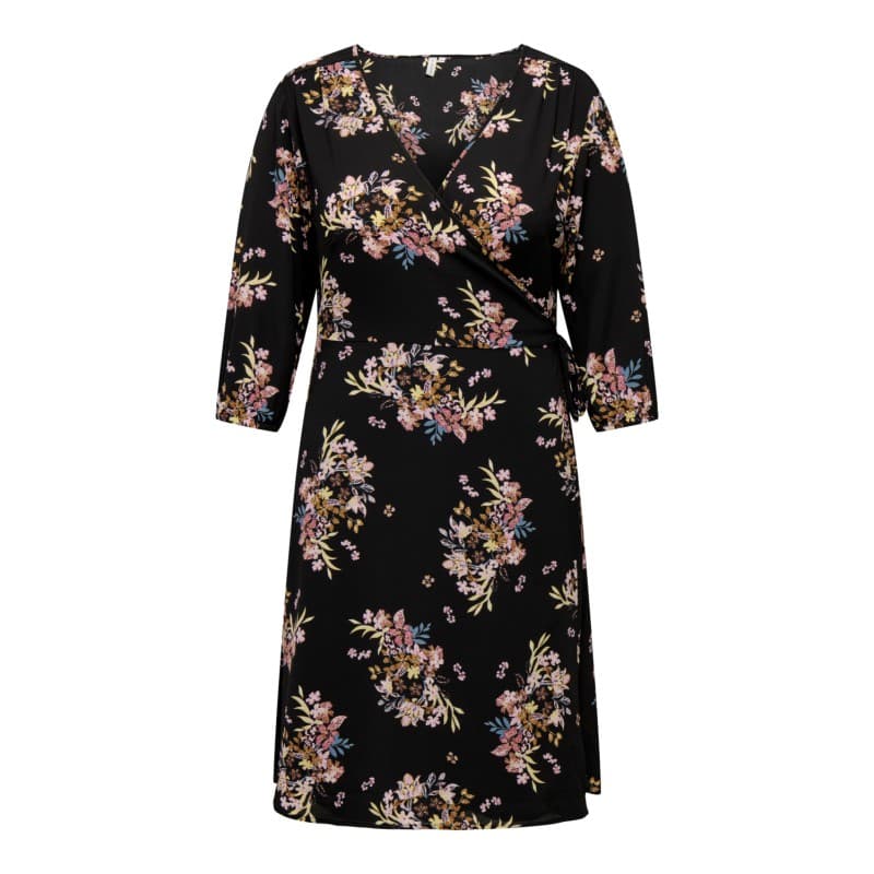 Only Carmakoma L/s Wrap Kjole Med Print - Sort/blomster 44 Sort