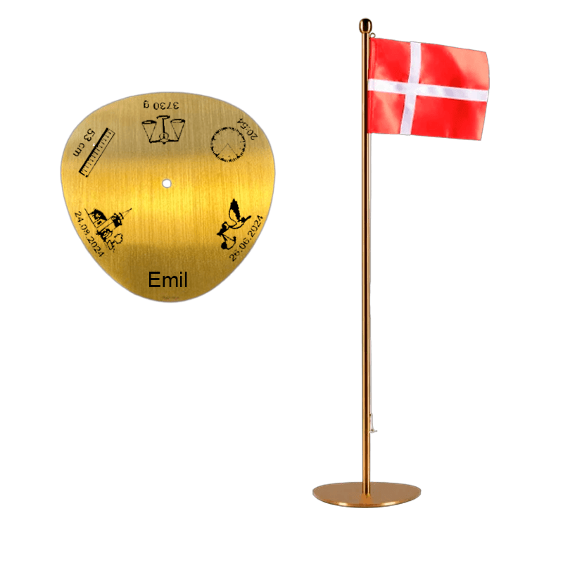 Piet Hein Dåbsflag 35 cm stål messing - Bordflag med gravering