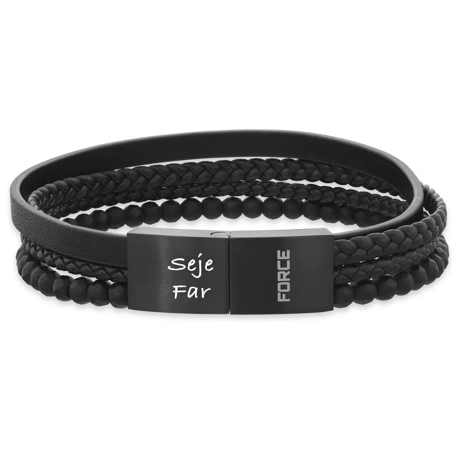Force armbånd 4 rk sort læder sort stål lås - Armbånd med gravering