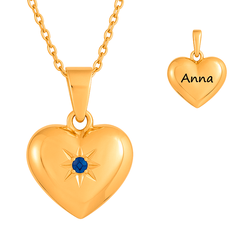 Nordahl Andersen Guldhjerte 8 kt. m. safir vedhæng inkl. kæde - Hjerte vedhæng med gravering