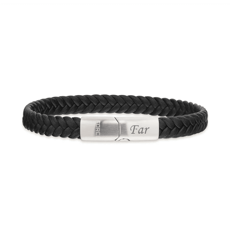 Force flettet armbånd sort læder stål 19 cm - Armbånd til mænd med gravering