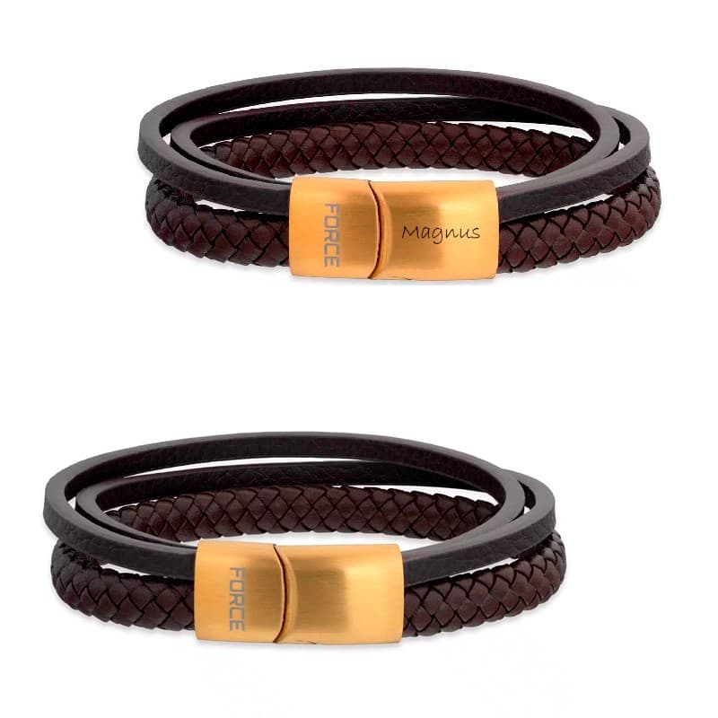 Force armbånd 3 rk. brunt læder fg stål lås 19 cm - Læderarmbånd med gravering