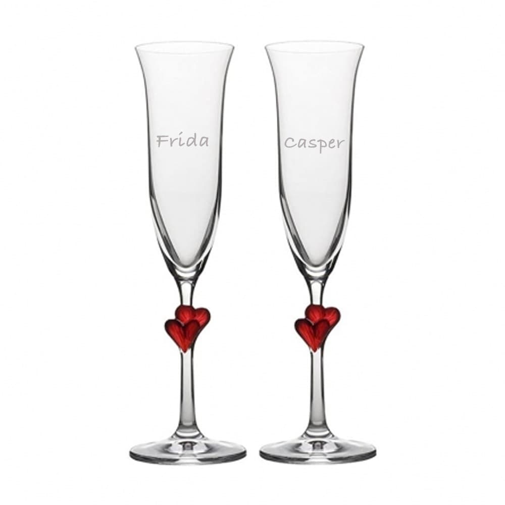 Champagneglas med røde hjerter på stilk - perfekt til bryllup - Bryllupsgave med gravering