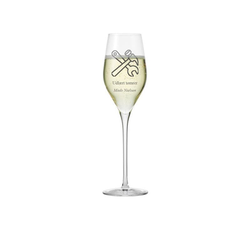 Champagneglas til udlært tømrer med gravering - Gave til tømrer med gravering