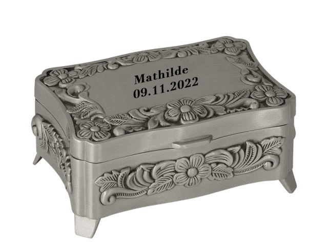 Nordahl Andersen Smykkeskrin m. blomster Tin - Smykkeskrin med gravering