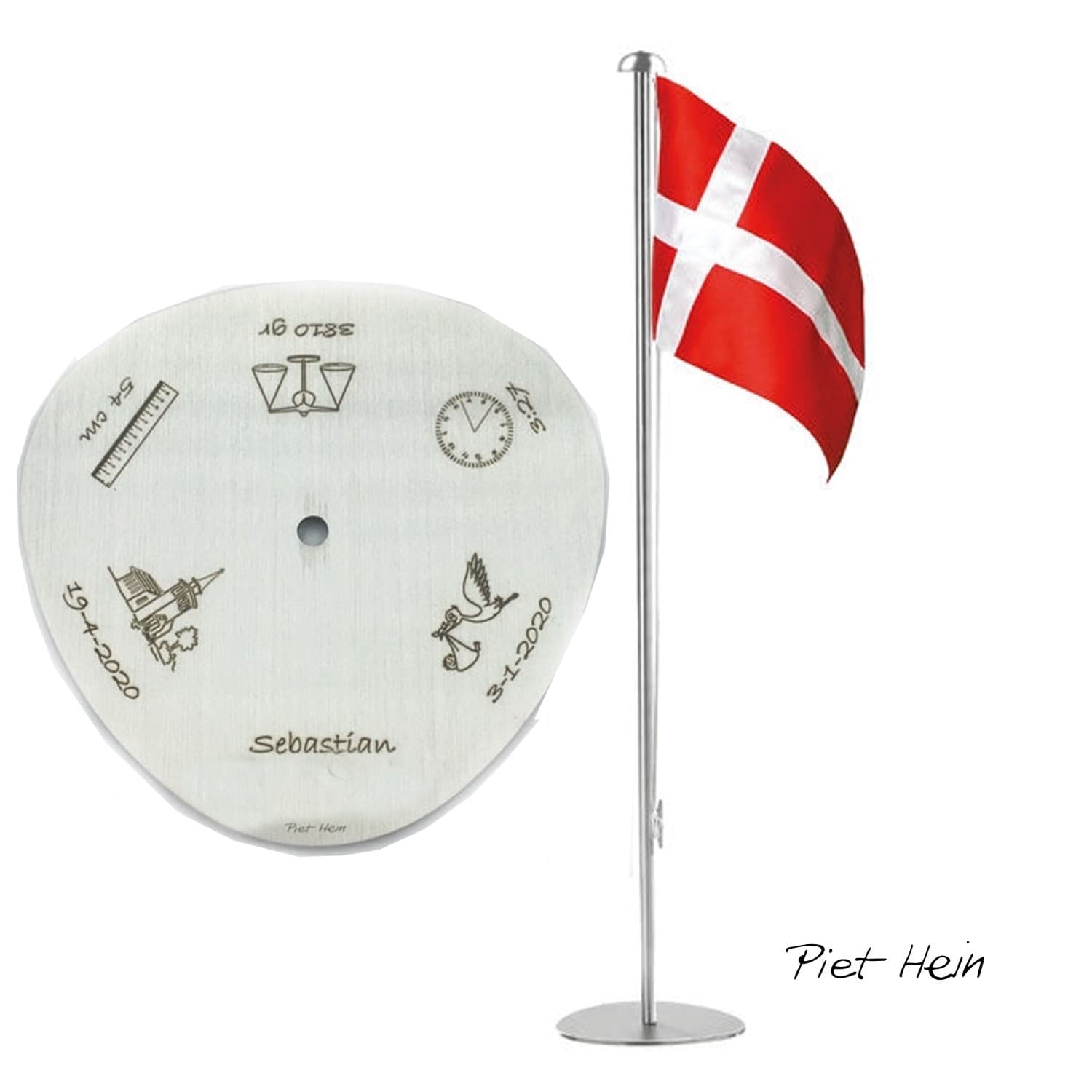 Piet Hein Dåbsflag 50 cm stål - Bordflag med gravering