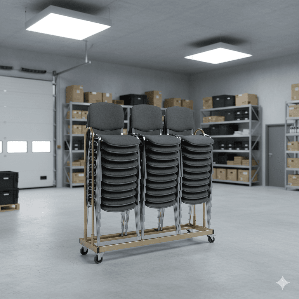 30 Økonomi Polster stabelstole i mørkegrå inkl. stolevogn til 30 stole