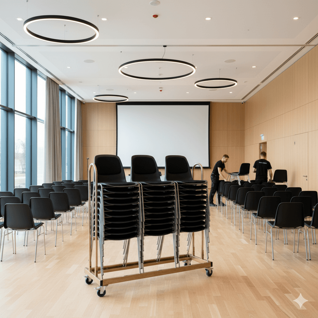 30 Bertram stabelstole m/polster i sort inkl. stolevogn