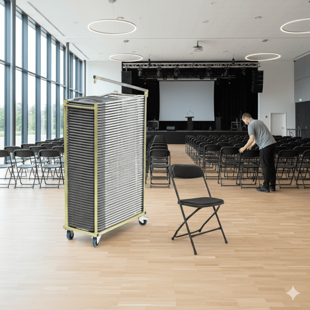 40 Event klapstole m. polster i sort inkl. stolevogn