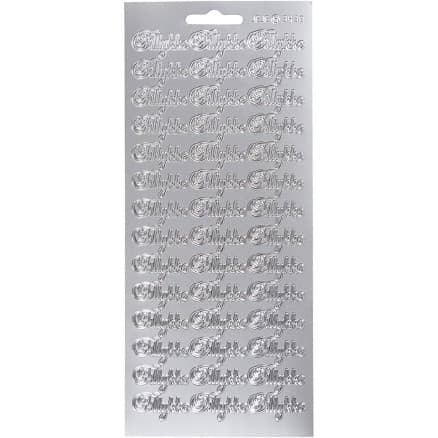 Stickers, tillykke, ark 10x23 cm, silver, 1 ark