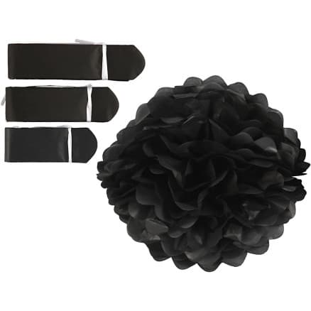 Papperspompomer, Dia. 20+24+30 cm, 16 g, svart, 3 st./ 1 förp.