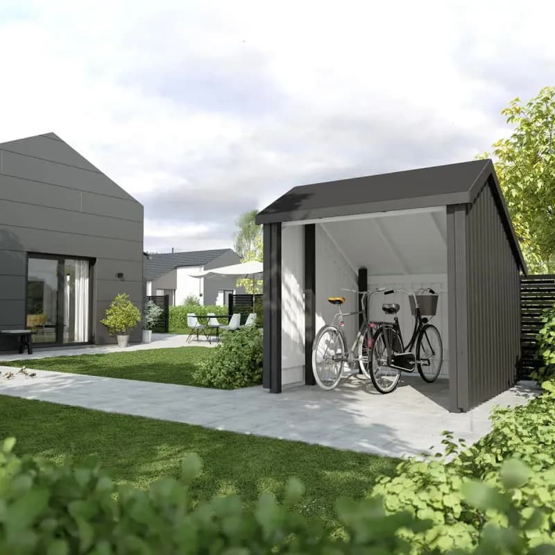 Plus Cykelskur 5,7 m² - 1 modul åben - inkl. tagpap/alulister/stolpefødder - 167566-1
