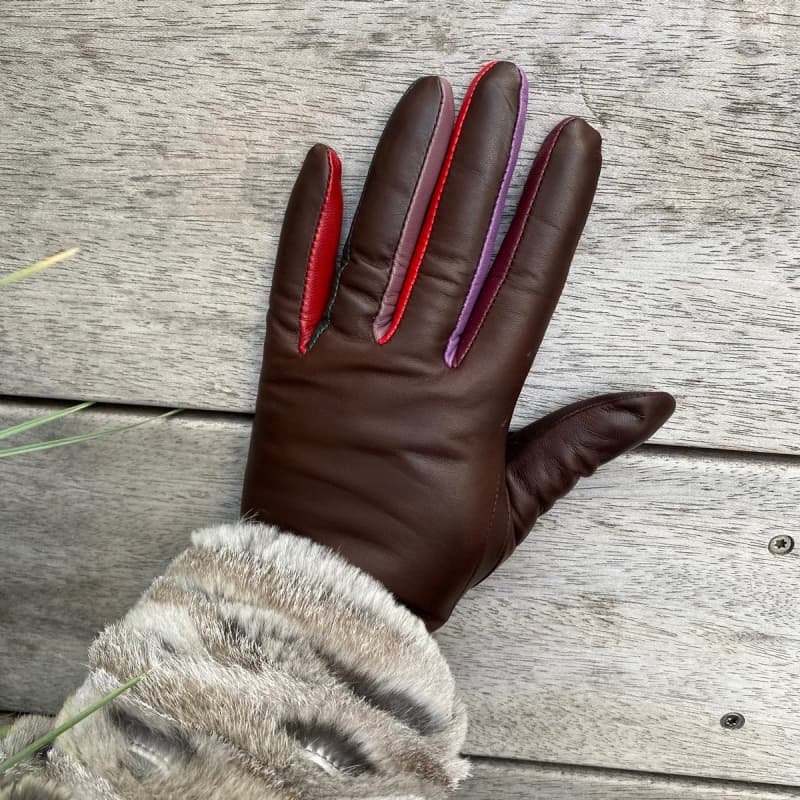 Fiona brun dame skindhandske med farvede fingre - Uld foer 6,5