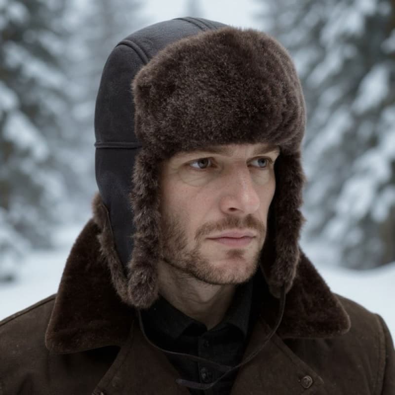 Ushanka pelshue i blød varm Rulam - Brun m. brun - Freja skind L