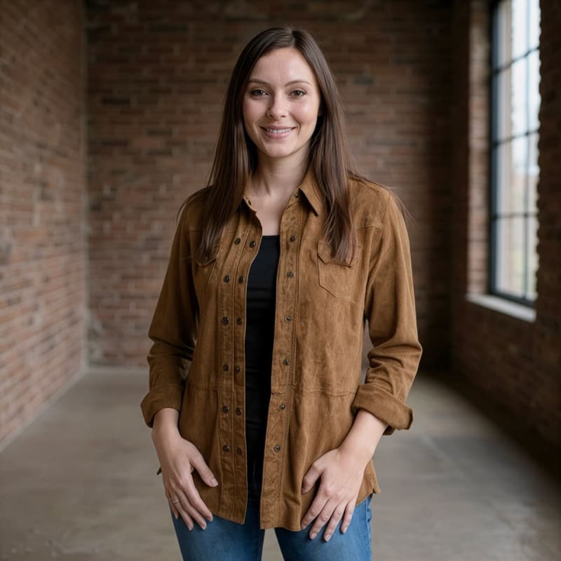 Ruskindsskjorte camel farve - Feminin ruskindsskjorte - Fri fragt 38