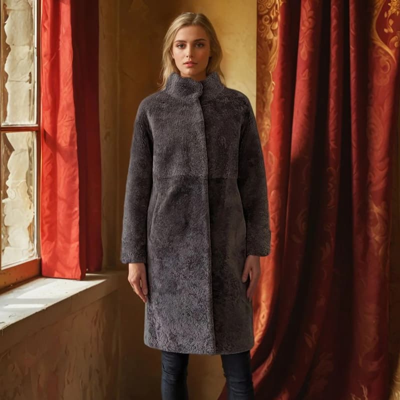 Filuka curly lamb damejakke - Blød og varm - Taupe - Levinsky 46