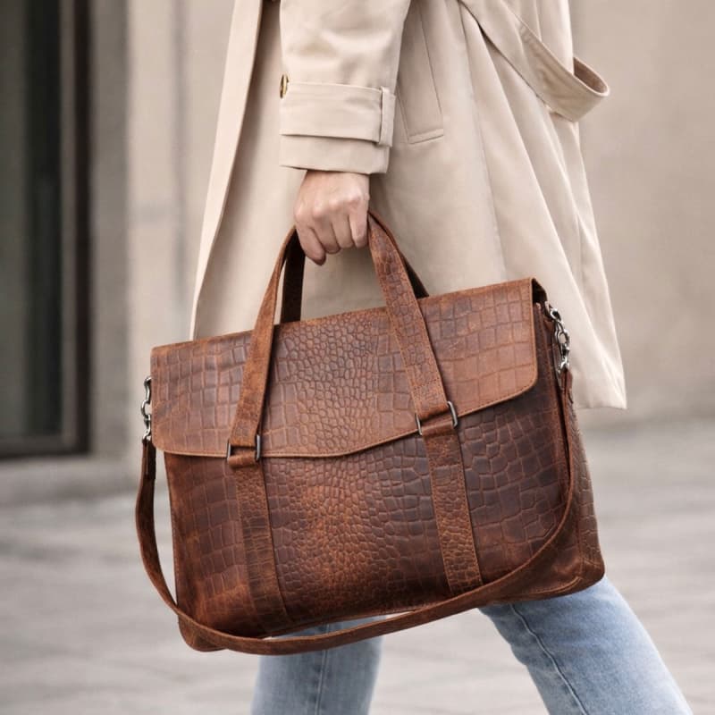 Denise arbejdstaske til pc - Croco præget hunter brun bøffel - Leather design