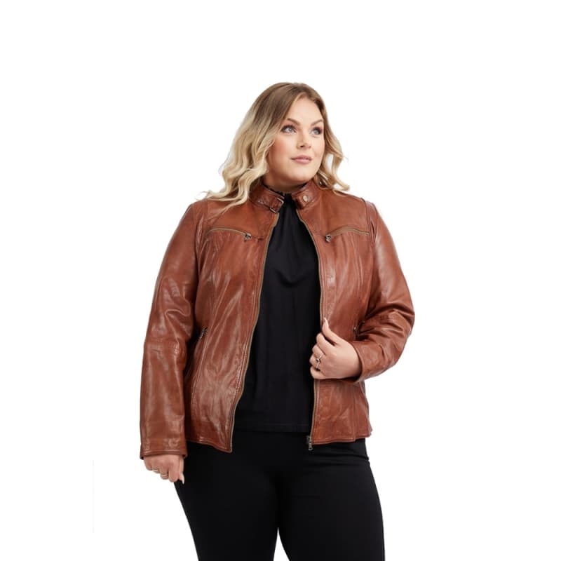 Cognac dame skindjakke plus size - God pasform og blød skind 50