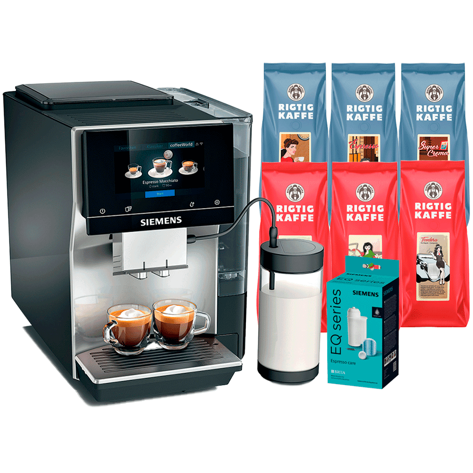 Siemens TP715R07 EQ700 Espressomaskin i rostfritt stål, silver, inkl. mjölkbehållare, skötselpaket och 3 kg mixpaket Rigtig Kaff