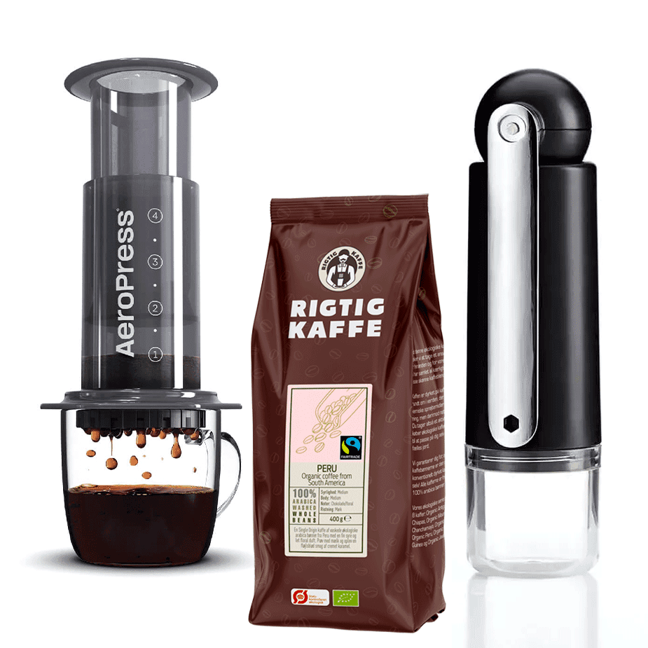 AeroPress resebryggare inklusive CrushGrind Colombia resekvarn och 400g Rigtig Kaffe ekologiskt Peru