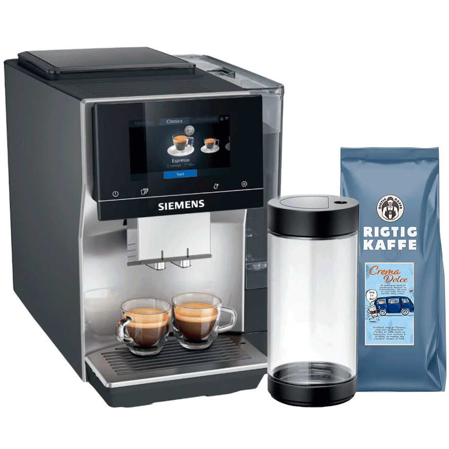 Siemens TP715R07 EQ700 Espressomaskin i rostfritt stål, silver, inkl. mjölkkanna och Rigtig Kaffe Dolce Crema, 1 kg hela kaffebö