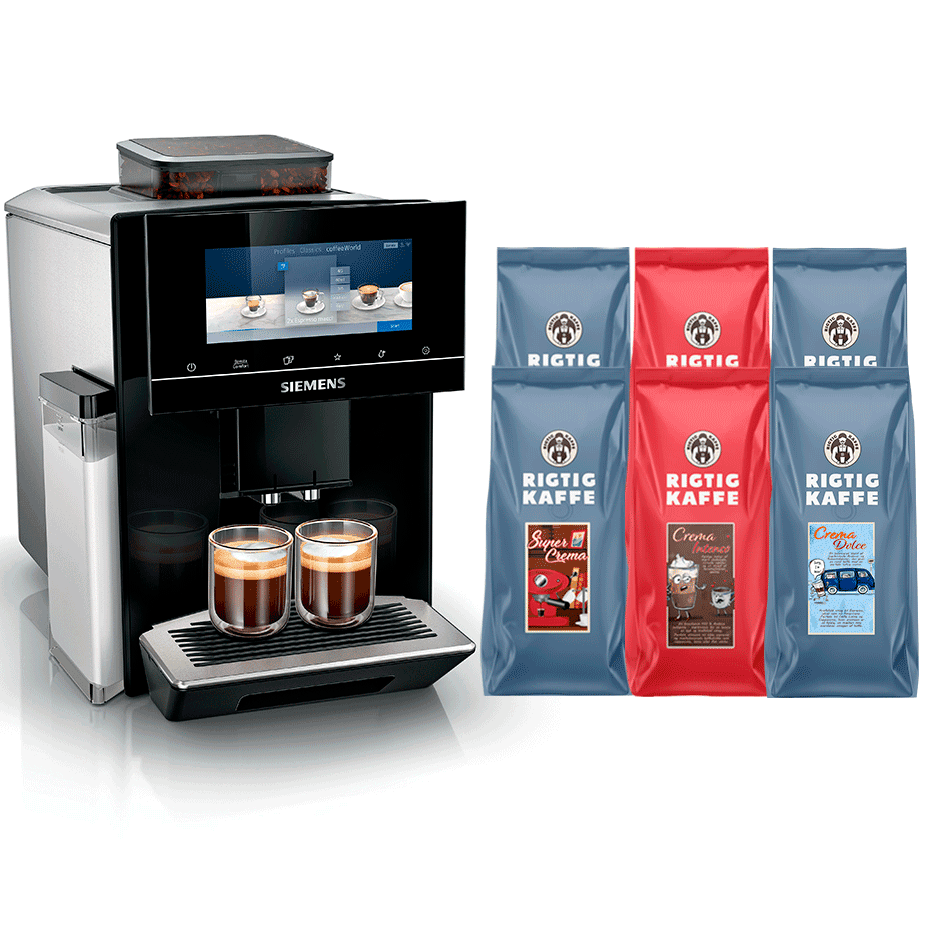 Siemens TQ903R09 EQ900 Espressomaskin Inklusive Rigtig Kaffe Super Crema 2kg, Dolce Crema 2kg och Crema Intenso 2kg Hela Kaffebö