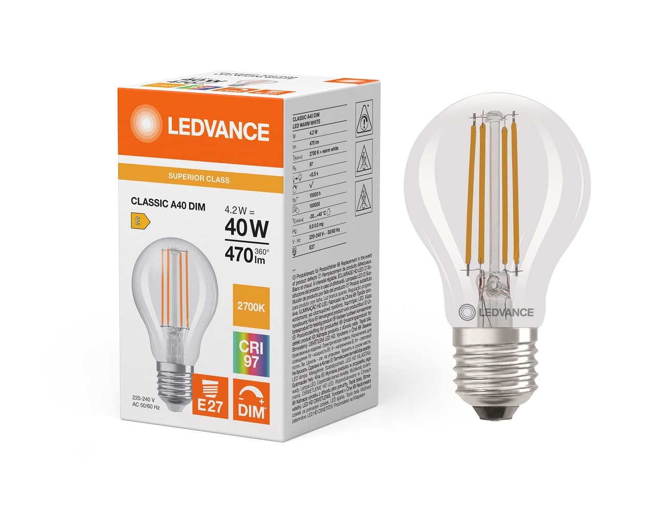Ledvance klar E27 LED-pære, dæmpbar, 4,2W, Ra97, 2700K