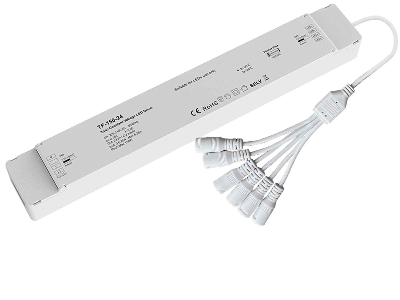 Kvalitets Dæmpbar Triac/Push LED Driver 24V, 150W Med DC HUN 6-Splitter