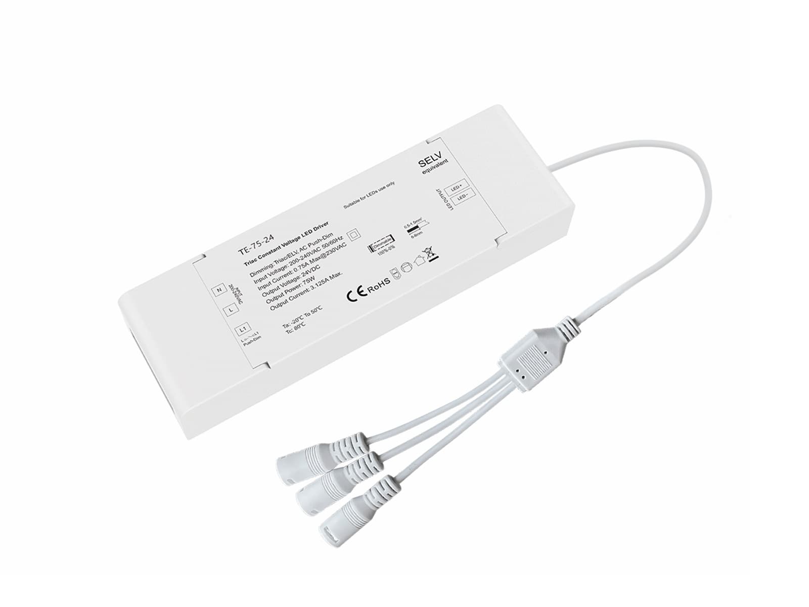 Kvalitets Dæmpbar Triac/Push LED Driver 24V, 75W Med DC HUN 3-Splitter
