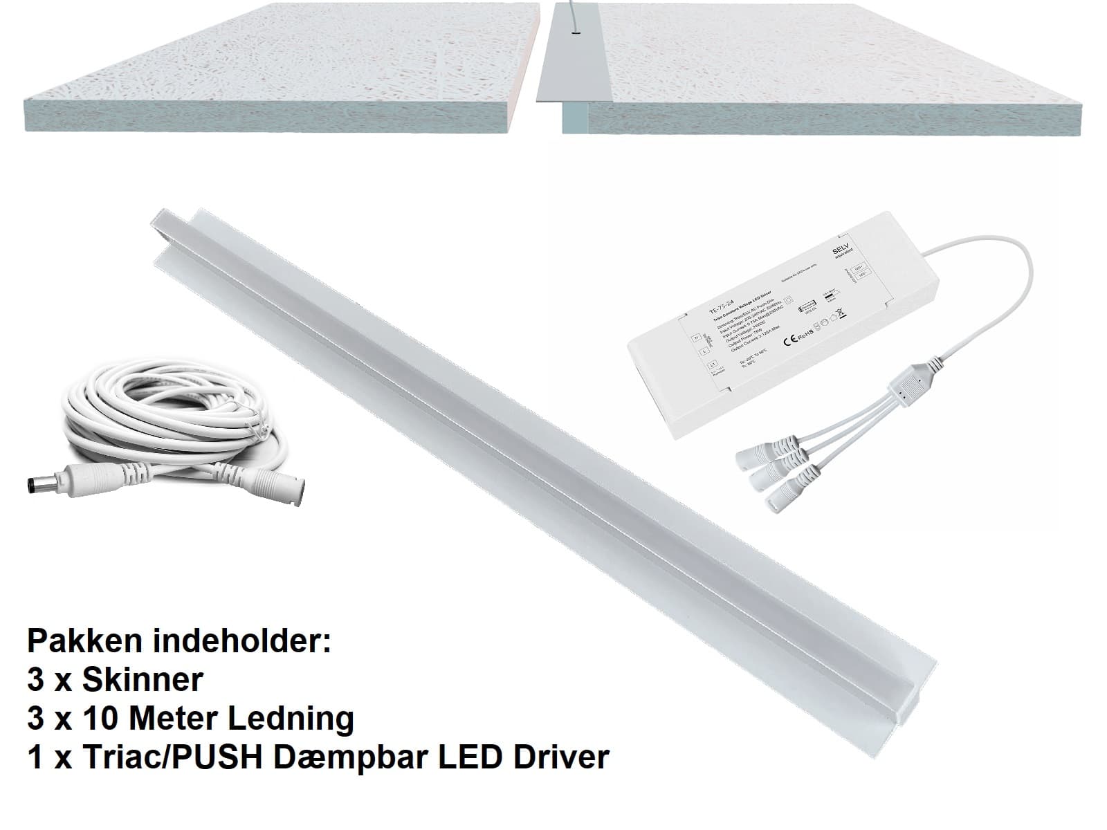 3 x Troldtekt LED Lysskinne Sæt i 3000K i Hvid, Dæmpbar, 60 cm.