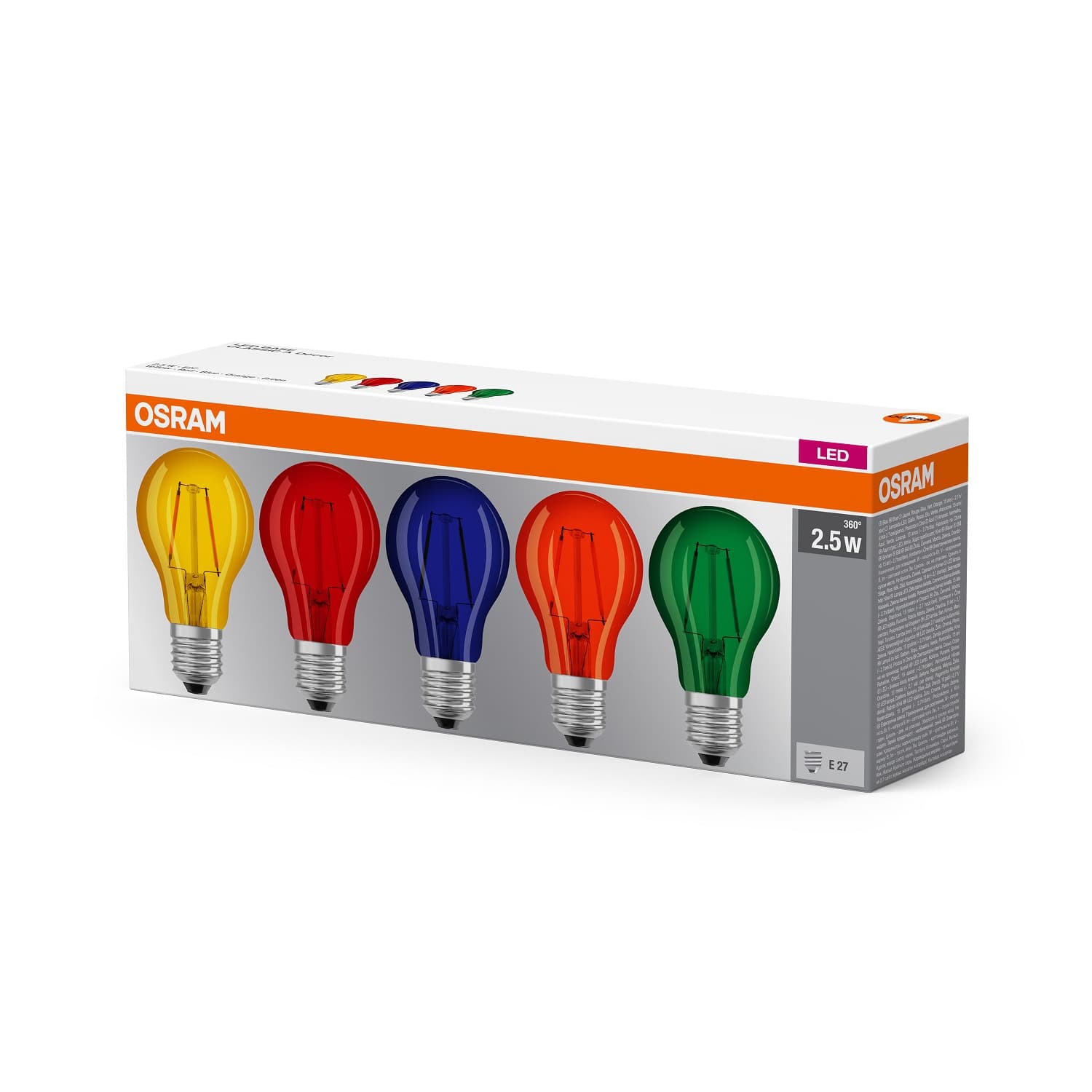 Osram Farvede E27 LED Pærer På 2,5W - 5-Pak.
