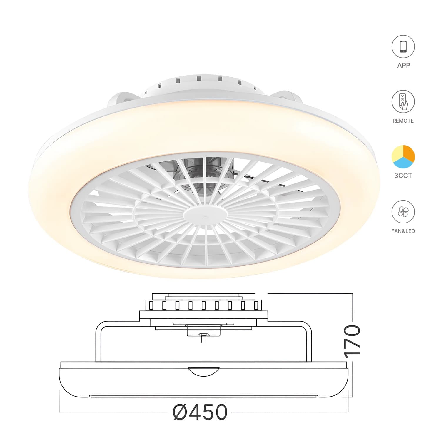 SMART LED Loftlampe & Ventilator Ø450 Med CCT Lys - Hvid