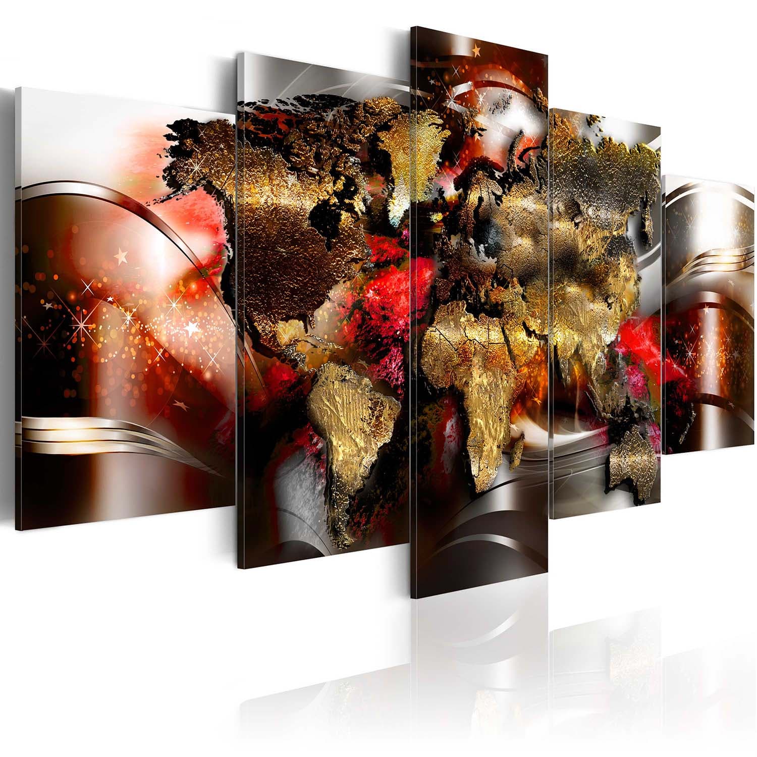 Artgeist Ruby Ribbon - Abstrakt världskarta tryckt på duk, 5-delad (100x50 cm) 200x100