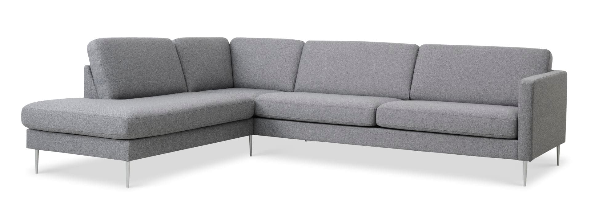 Askset 60 stor OE soffa, med vänster schäslong - ljus granitgrå polyesterväv och borstad aluminium