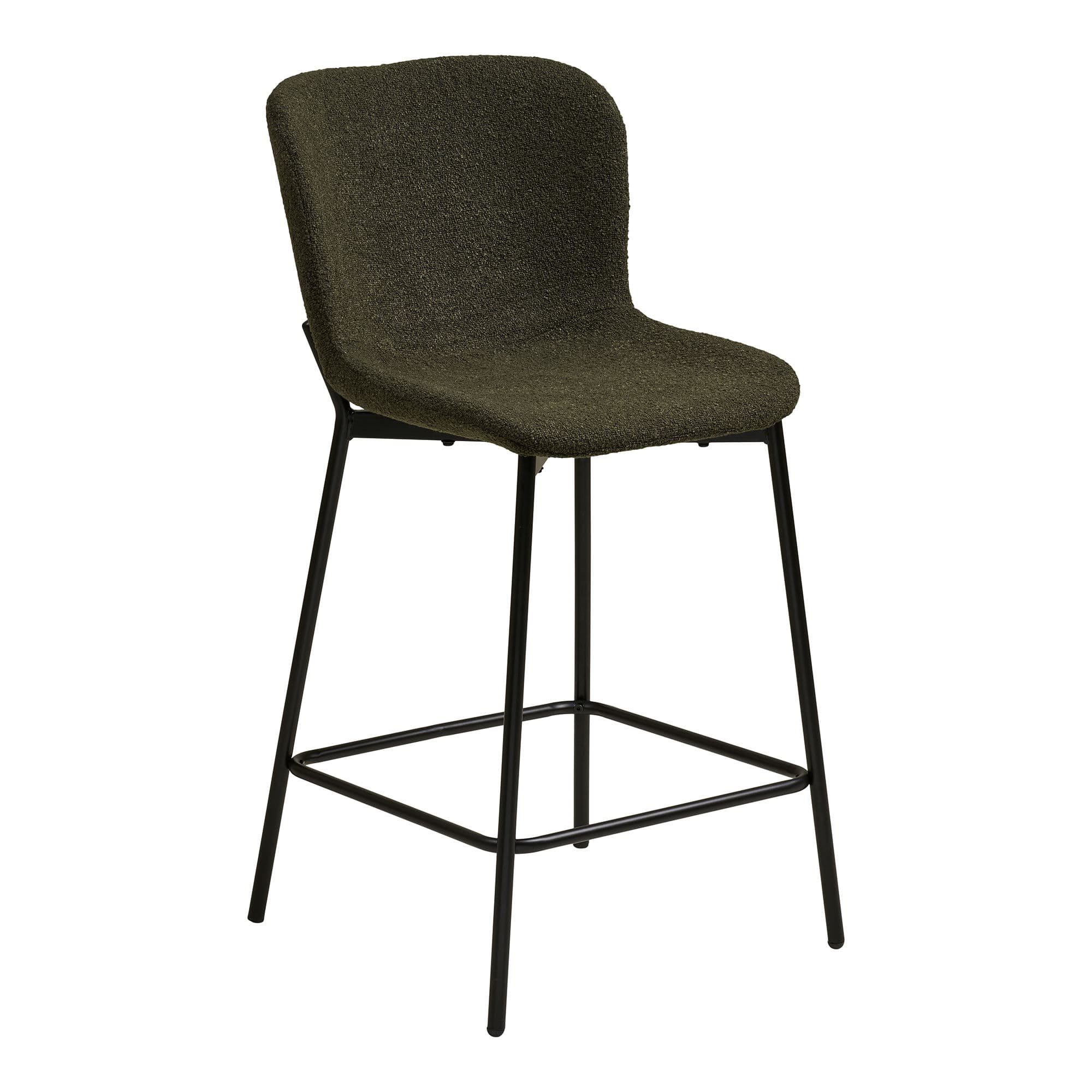 HOUSE NORDIC Maceda barstol, med ryggstöd och fotstöd - grön bouclé och svart stål